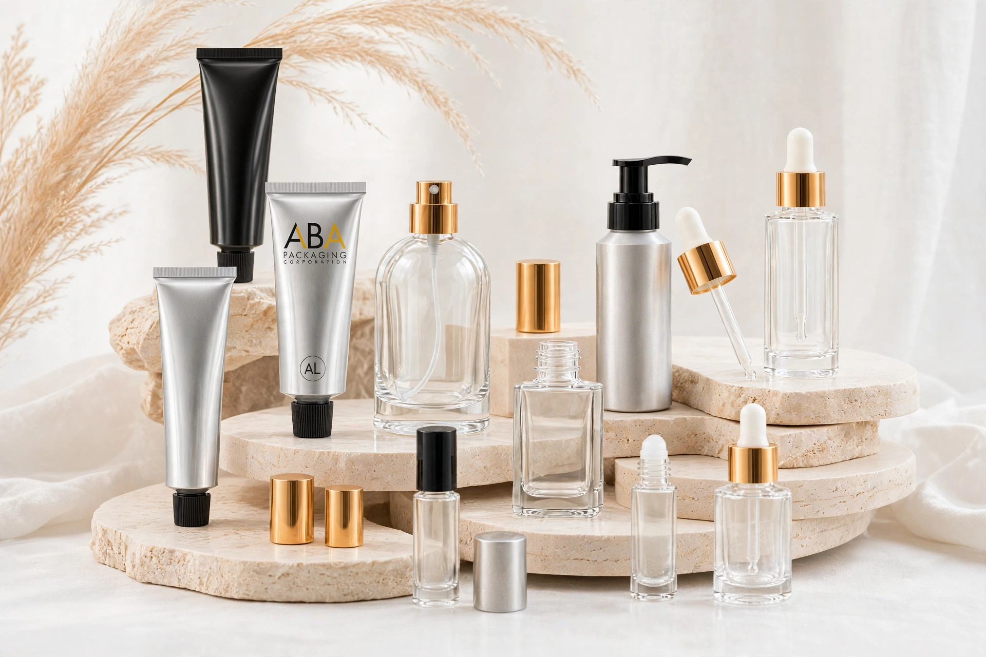 ABA Packaging tubes, bottles, jars, pumps, and droppers arranged on stone blocks