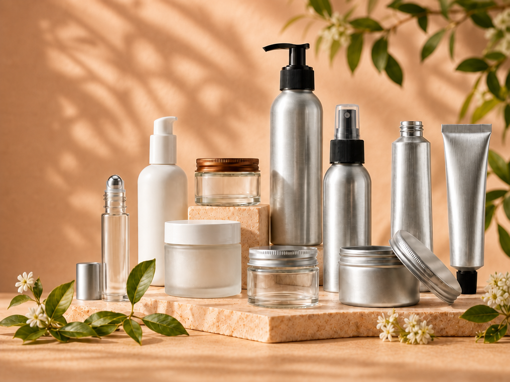 Variety of ABA Packaging aluminum bottles, tubes, and glass jars